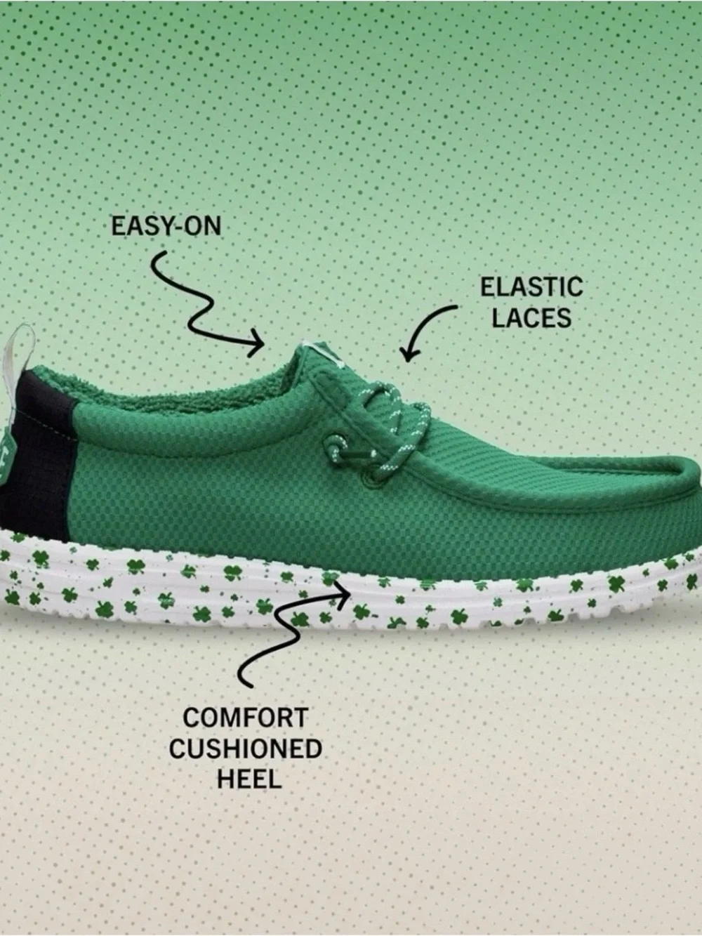 ☘️ Hey Dude Size 11 Men’s Green Shamrock Slip-On Loafers with White Sole